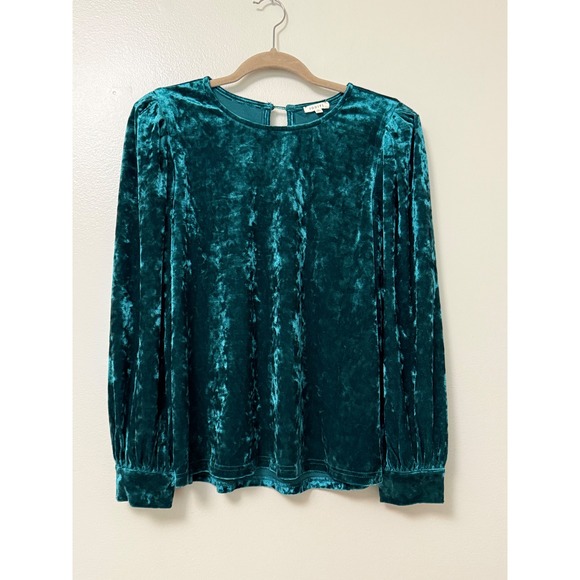 JODIFL Tops - Jodifl Teal Green Crushed Velvet Puff Sleeve Blouse Top Keyhole Back